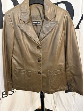 Elements by Vakko Women's Brown Leather Blazer Jacket Size S 90s Vintage Button